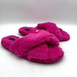 Rachel Rachel Roy Hot Pink Faux Fur Criss Cross Slippers Cozy Slide Womens M 7/8